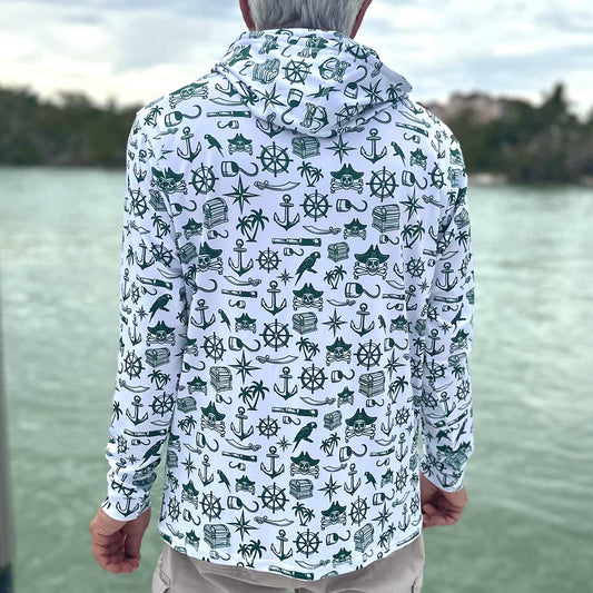 Rear view of older man on a Florida dock wearing the Six Knots Pirate's Life Performance Hoodie — lightweight, breathable, moisture-wicking fishing hoodie with all-over nautical pirate print featuring treasure chests, skull and crossbones, cannons, hooks, and maritime icons; ideal for boating, fishing, and coastal adventures