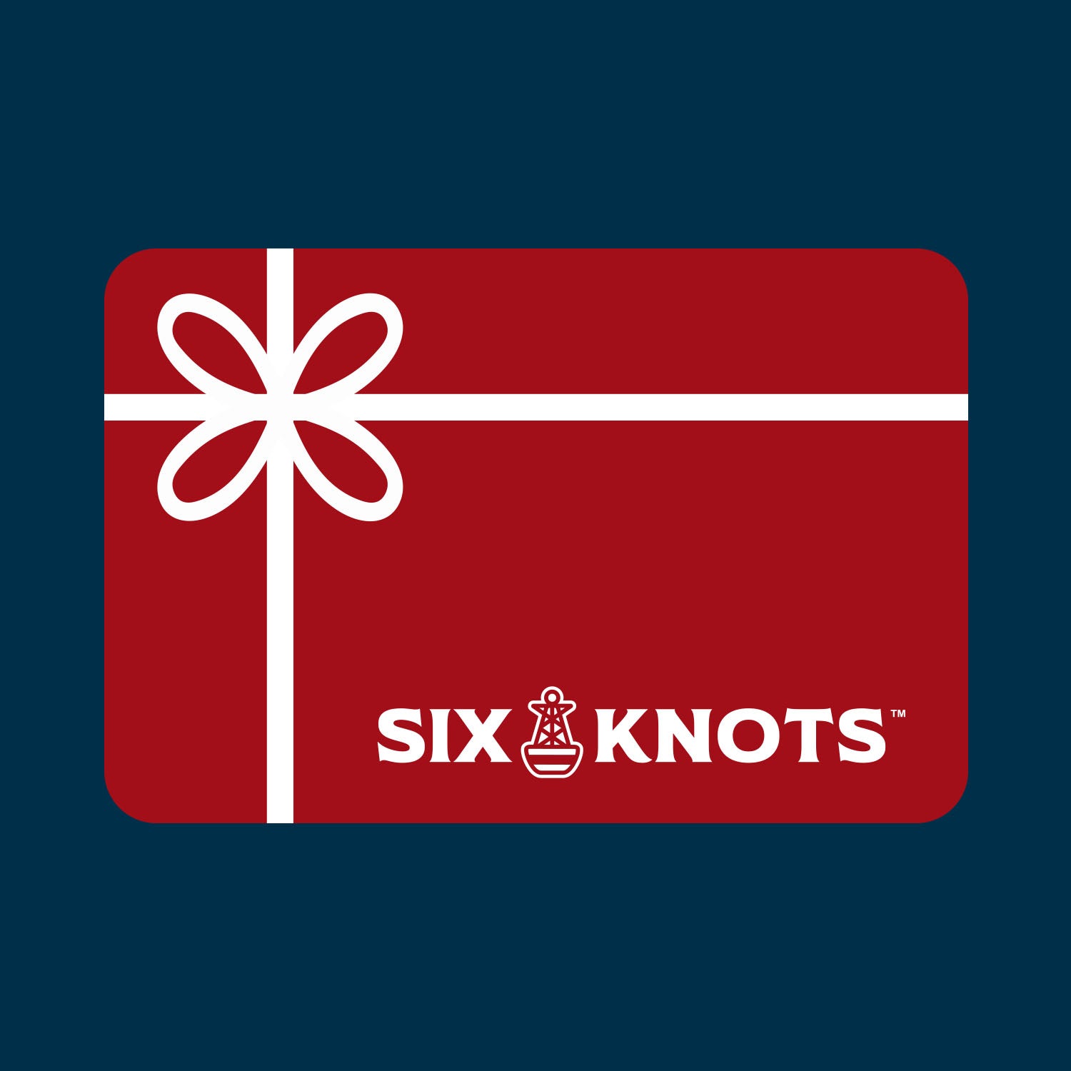 Red gift card with the Six Knots logo in the bottom right on a navy blue background