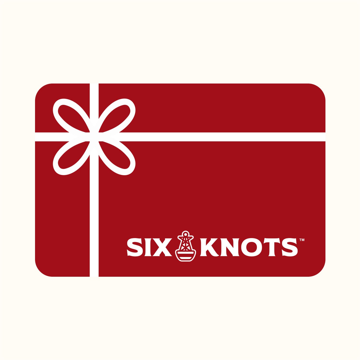 Red gift card with the Six Knots logo in the bottom right on a canvas tan background
