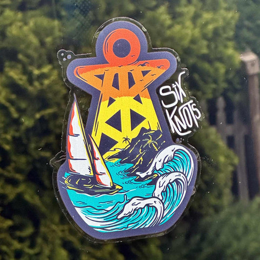 Durable Six Knots 'Tropical Storm' vinyl sticker featuring the iconic Six Knots buoy with a sailboat caught in crashing waves during a tropical storm. Waterproof and weatherproof, this high-quality decal is perfect for decorating cars, boats, coolers, water bottles, tackle boxes, and outdoor gear. Ideal for adding rugged coastal style and lasting protection on all your adventure gear.