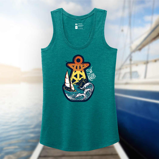 Teal Six Knots Tropical Storm Women's Tank Top photographed against a blurred marina backdrop. This ultra-soft, lightweight women's tank is made from a breathable cotton-polyester blend and showcases a bold Six Knots buoy logo featuring a sailboat battling stormy waves. Designed for comfort and style, it's perfect for beach days, summer getaways, boating trips, casual coastal wear, and laid-back waterfront living.